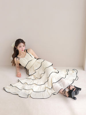 【Pre Order】Tiered frill piping ribbon long onepiece(eme11037)
