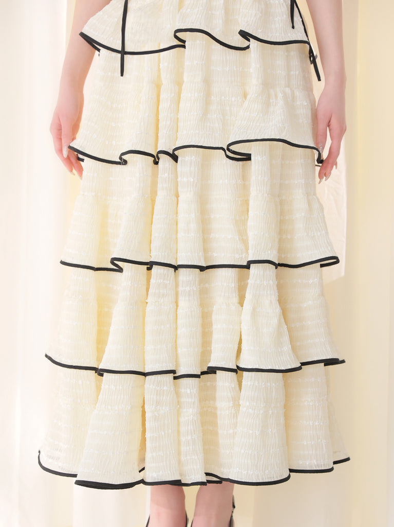 【Pre order】Tiered frill piping ribbon long onepiece(eme11037)