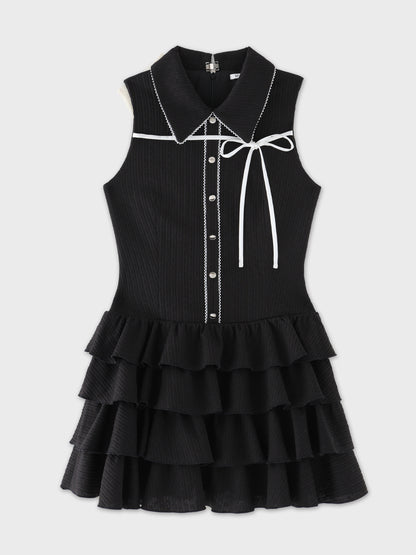 Ribbon collar tiered mini dress (eme11044)