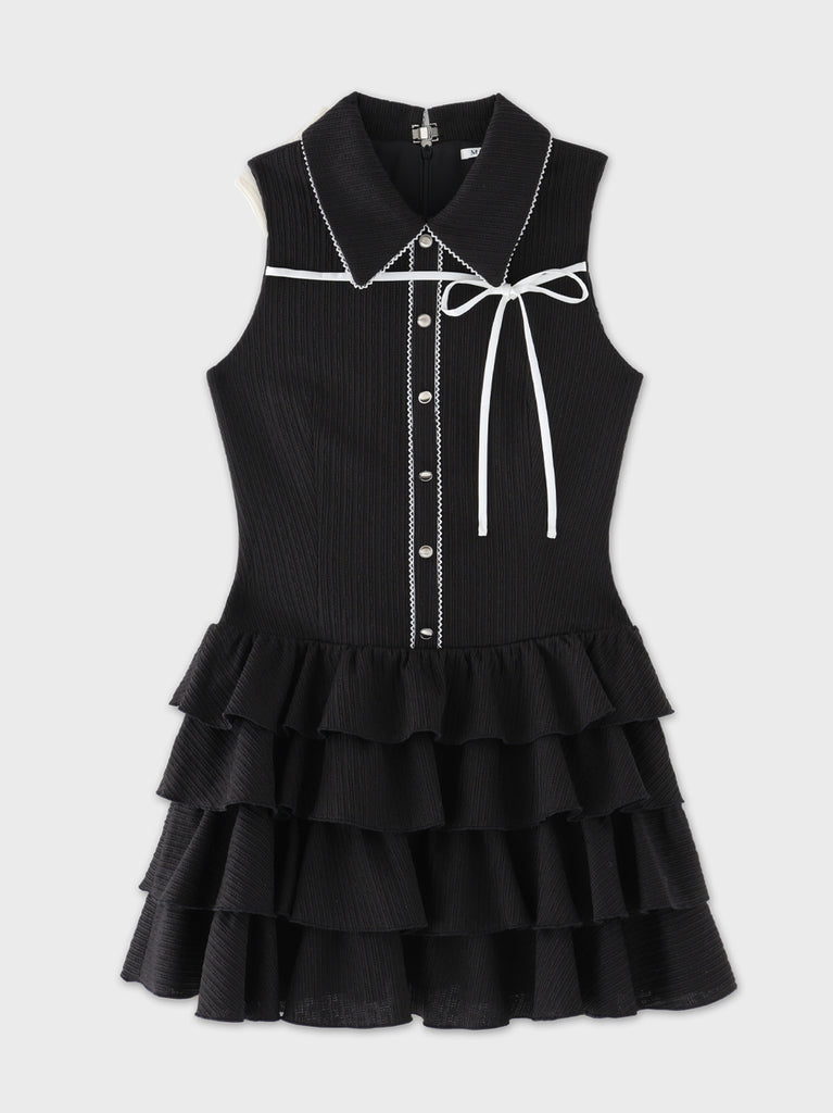 Ribbon collar tiered mini dress (eme11044)
