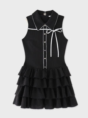 Ribbon collar tiered mini dress (eme11044)