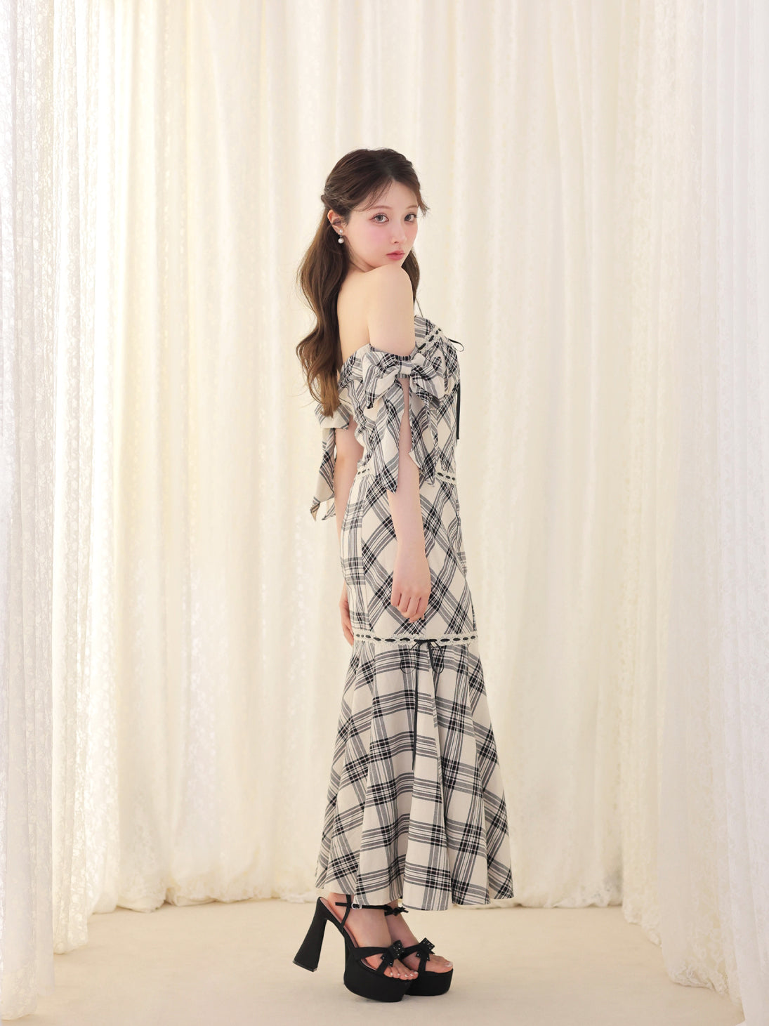 Off shoulder check ribbon mermaid onepiece(eme11045) – M me eme