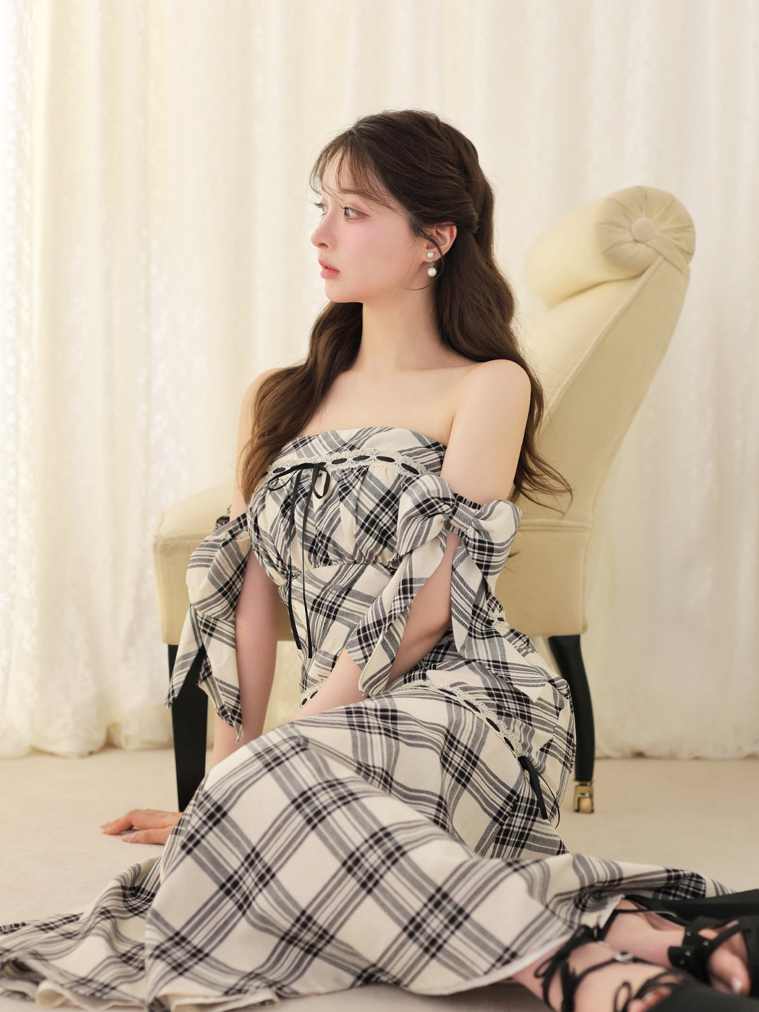 M me eme ワンピース Off shoulder check ribbon mermaid onepiece(eme11045) – M me eme