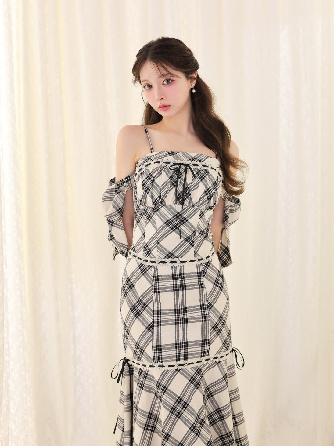 Off shoulder check ribbon mermaid onepiece(eme11045) – M me eme