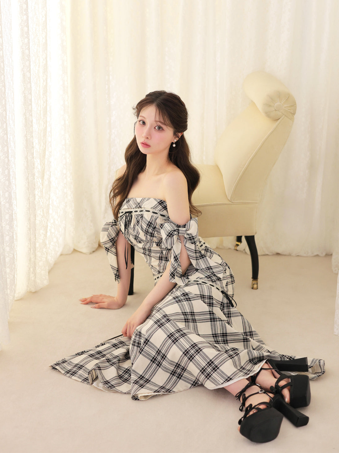 m me eme(エムミーエメ) オフショルダーロービングチェックミニワンピース Off shoulder check ribbon mermaid onepiece(eme11045) – M me eme