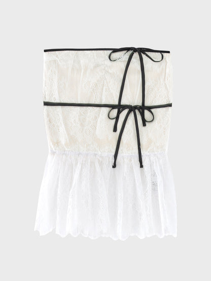 【Pre Order】Lace hem front heart bare tops(eme11046)