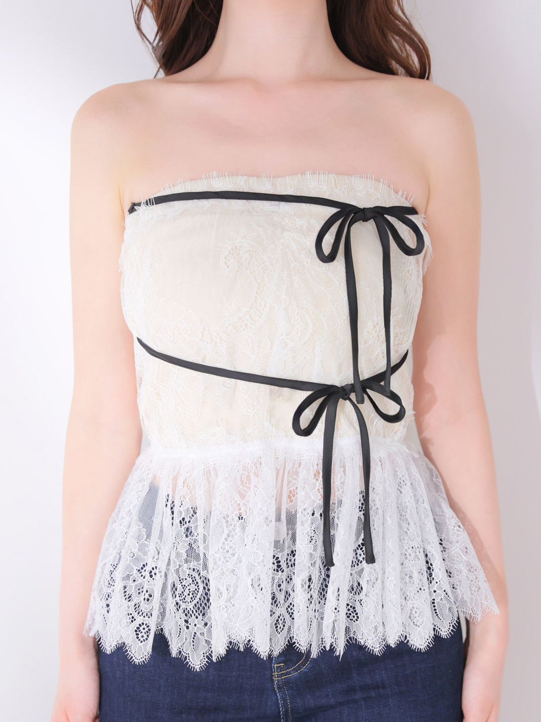 M me eme エムミーエメ レースヘムフロントハートベアトップス ブラック Lace hem front heart bare tops(eme11046) – M me eme