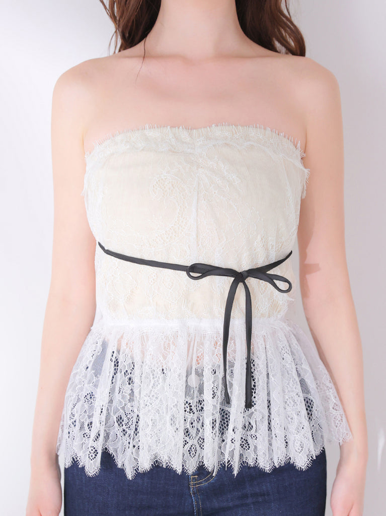 【Pre Order】Lace hem front heart bare tops(eme11046)