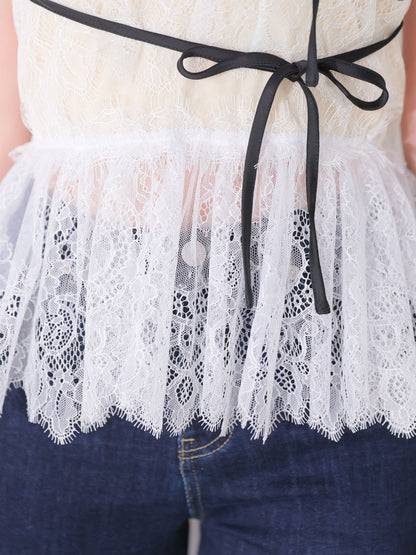 【Pre Order】Lace hem front heart bare tops(eme11046)