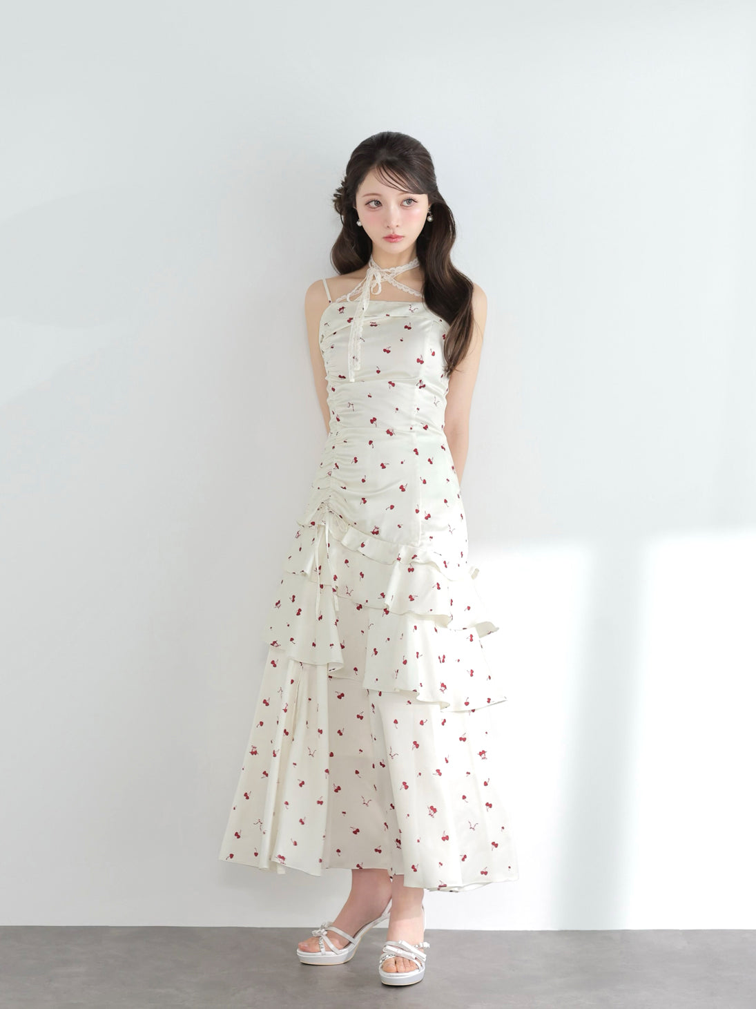 Cherry lace ribbon long flare onepiece(eme11047) – M me eme
