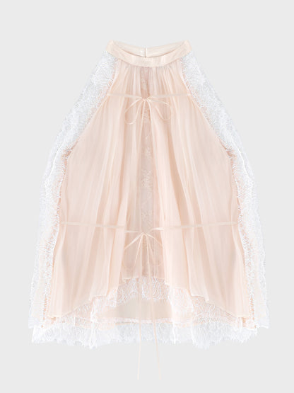 Lame chiffon lace halter ribbon blouse(eme11053)