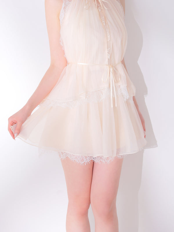 Lame chiffon gather flare lace skirt(eme11142)