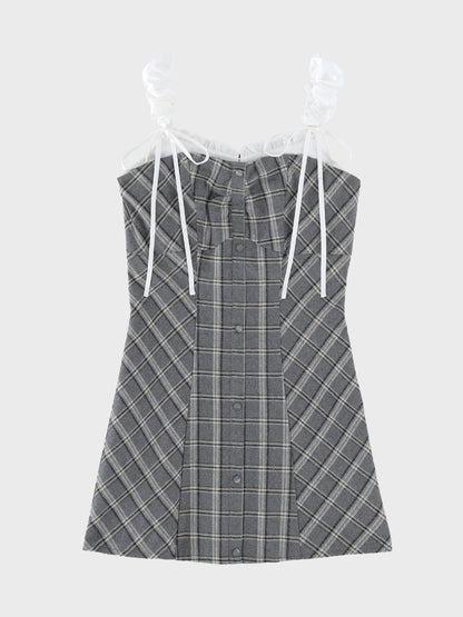 Frill layered check twill cami one-piece (eme11055)