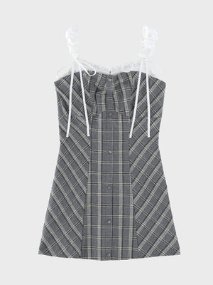 Frill layered check twill cami one-piece (eme11055)