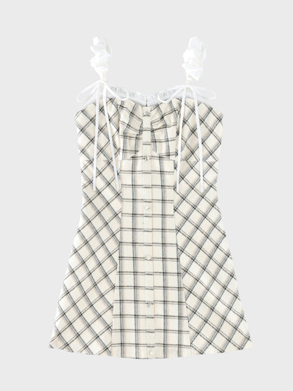 Frill layered check twill cami one-piece (eme11055)