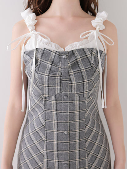 Frill layered check twill cami one-piece (eme11055)