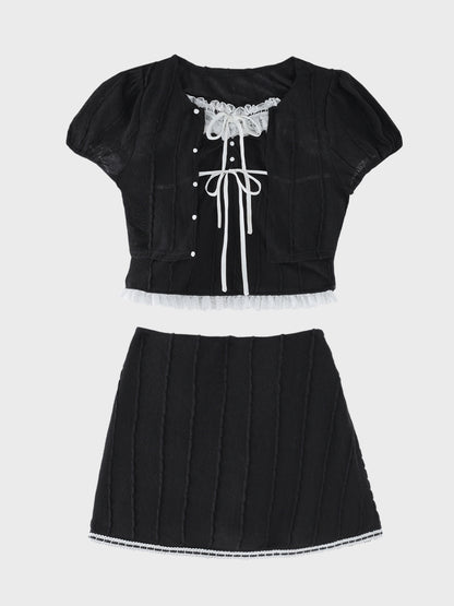 【Pre Order】Frill ribbon fit line 3piece setup(eme11059)