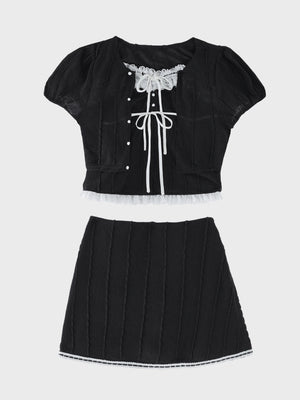 【Pre Order】Frill ribbon fit line 3piece setup(eme11059)