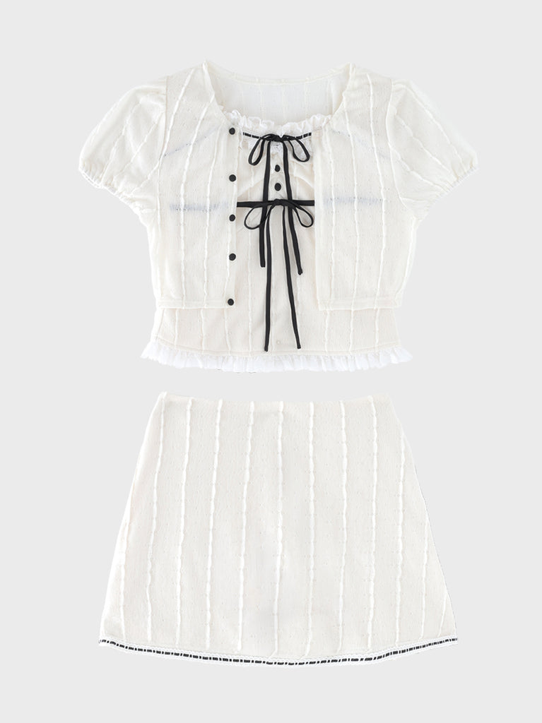 【Pre Order】Frill ribbon fit line 3piece setup(eme11059)