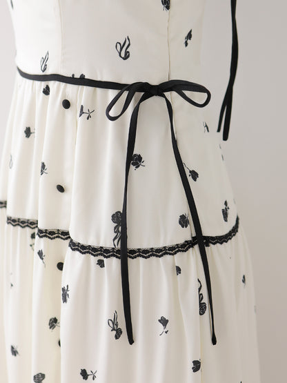 Monochrome flower ribbon onepiece(eme11062)