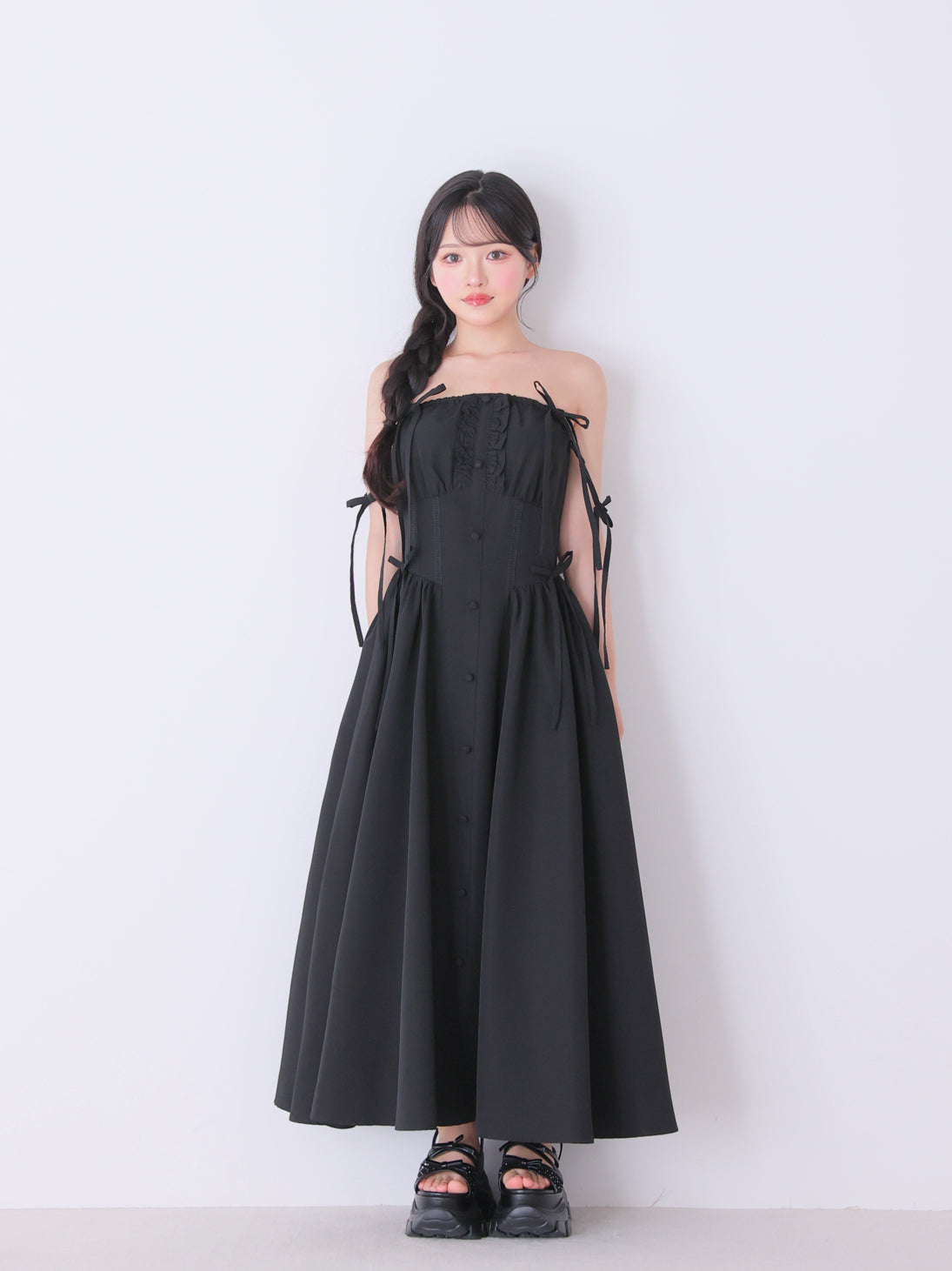 M me eme　エムミーエメ　リボンギャザーフレアロングワンピース　ブラック Broad ribbon bare flare onepiece(eme11064) – M me eme