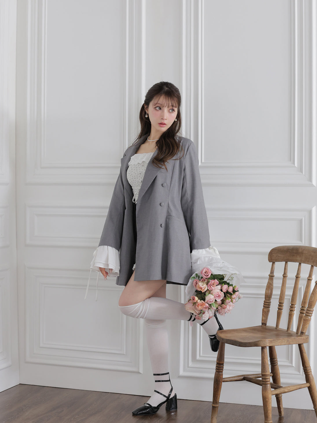 Frill sleeve chiffon docking jacket (eme11066)