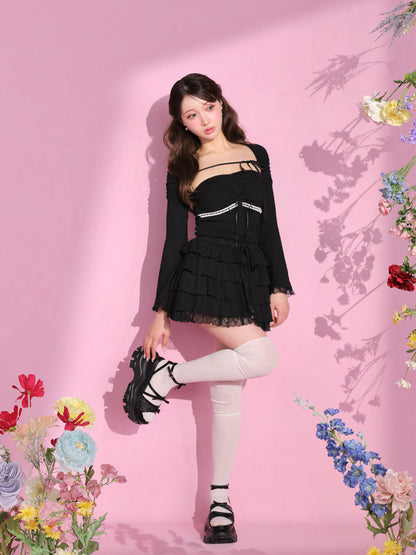 Bell sleeve ribbon bare top ensemble (eme11069)