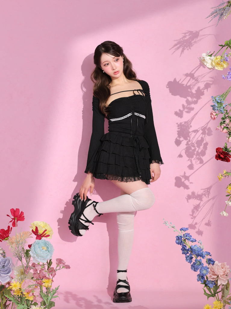 Bell sleeve ribbon bare top ensemble (eme11069)