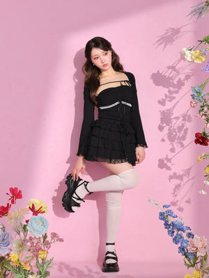 Bell sleeve ribbon bare top ensemble (eme11069)