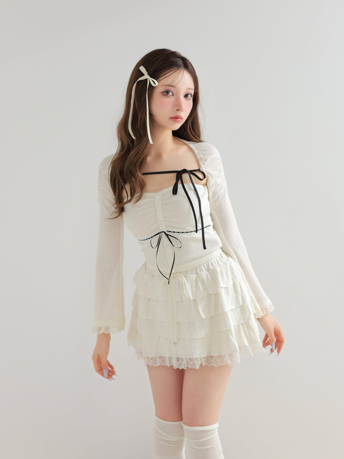 M me eme エムミーエメ リボン ベアトップ ボレロ Bell sleeve ribbon bare top ensemble(eme11069) – M me eme