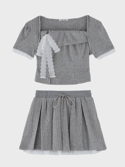 Lace lame rib knit three piece setup(eme11073)