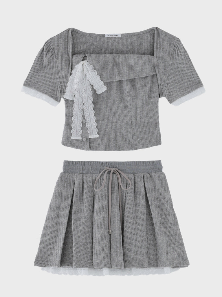 Lace lame rib knit three piece setup(eme11073)