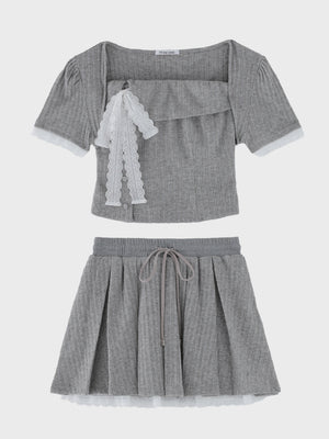Lace lame rib knit three piece setup(eme11073)