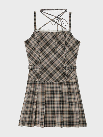 【Pre Order】Halter ribbon check pleats mini onepiece(eme11080)