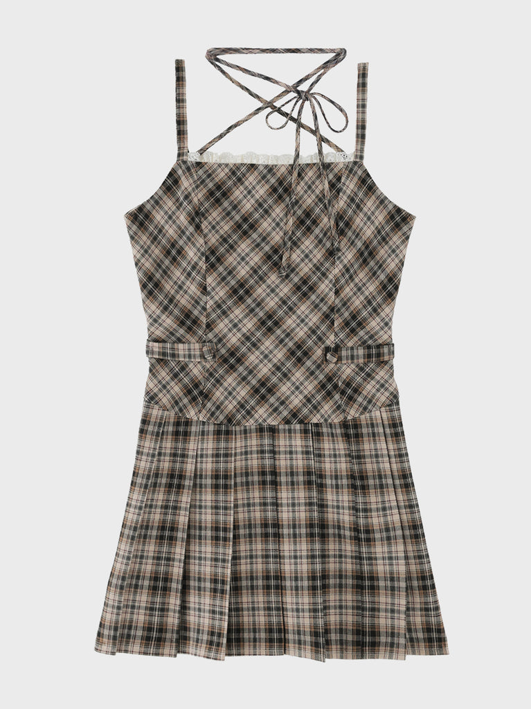 【Pre Order】Halter ribbon check pleats mini onepiece(eme11080)