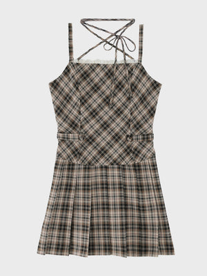 【Pre Order】Halter ribbon check pleats mini onepiece(eme11080)