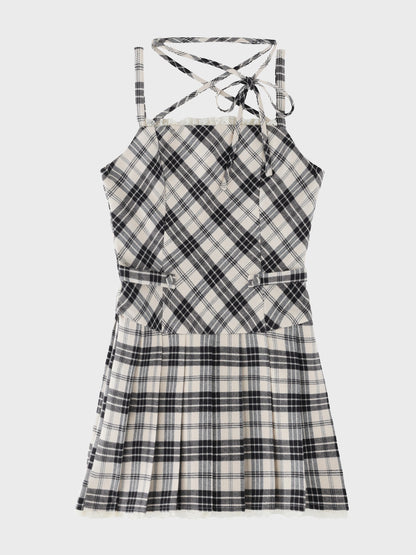 【Pre Order】Halter ribbon check pleats mini onepiece(eme11080)