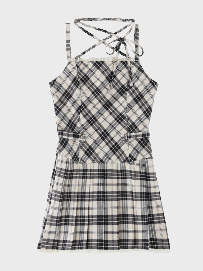【Pre Order】Halter ribbon check pleats mini onepiece(eme11080)