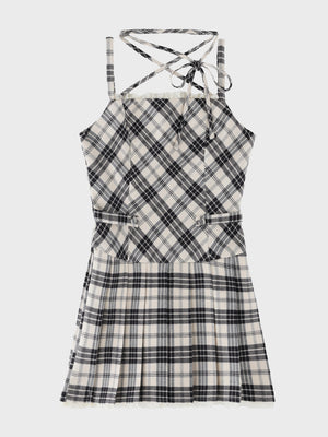 【Pre Order】Halter ribbon check pleats mini onepiece(eme11080)