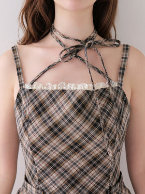 【Pre Order】Halter ribbon check pleats mini onepiece(eme11080)