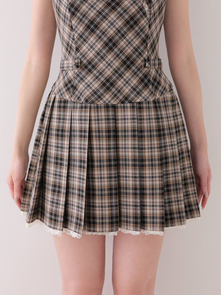 【Pre Order】Halter ribbon check pleats mini onepiece(eme11080)