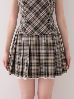 【Pre Order】Halter ribbon check pleats mini onepiece(eme11080)
