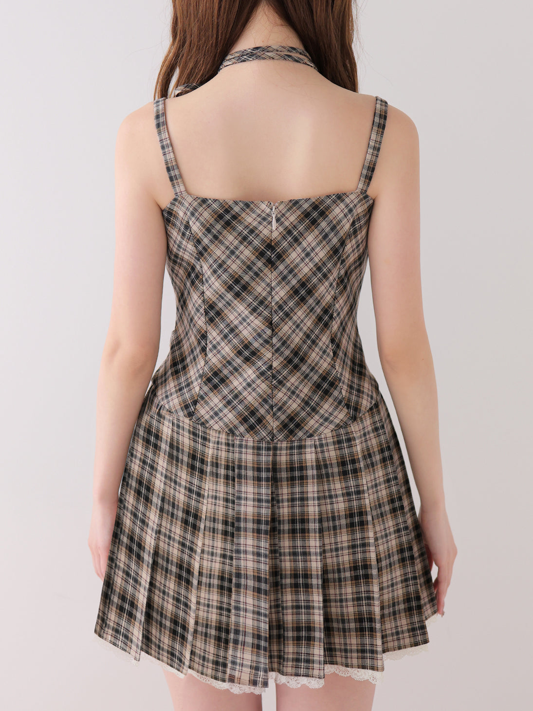 【Pre Order】Halter ribbon check pleats mini onepiece(eme11080)