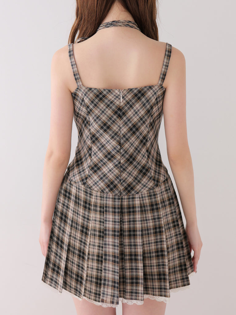 【Pre Order】Halter ribbon check pleats mini onepiece(eme11080)