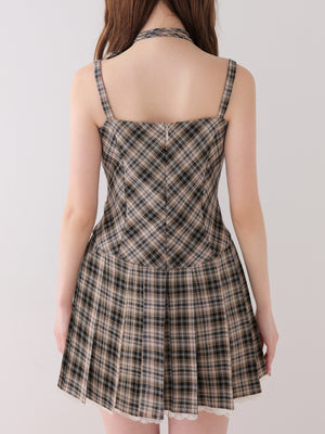 【Pre Order】Halter ribbon check pleats mini onepiece(eme11080)