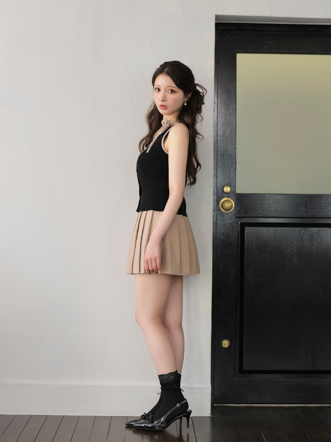 model：160cm　(size：F　color：Black×Beige)