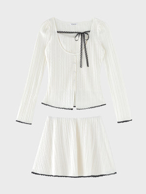 【Pre Order】Ribbon trim cable lame knit setup(eme11093)