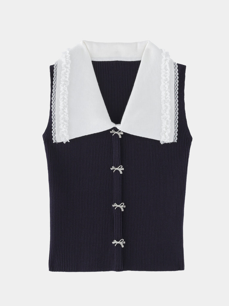 Bijou ribbon collar knit tops(eme11094)