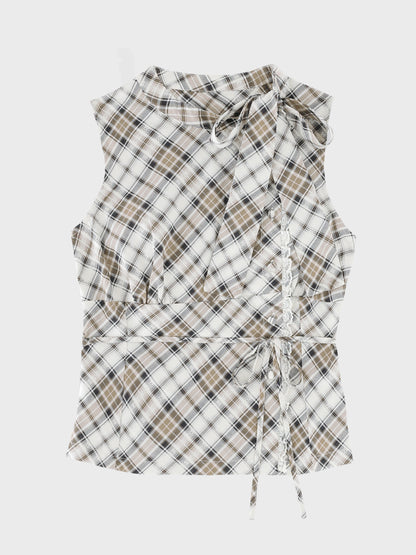 Ribbon check sleeveless tops(eme11112)