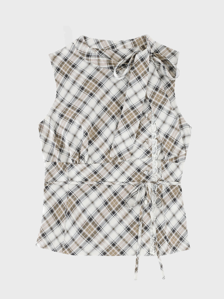 Ribbon check sleeveless tops(eme11112)